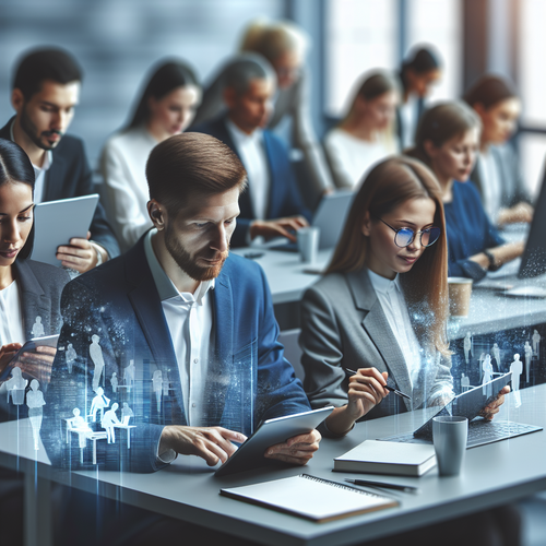Diverse professionals using advanced tech in a modern, engaging, and inclusive training session.