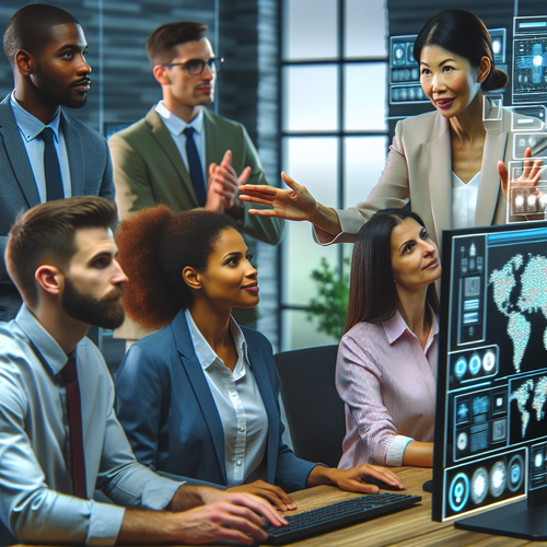 A diverse team in a modern office, learning cybersecurity with a trainer pointing at data screens.